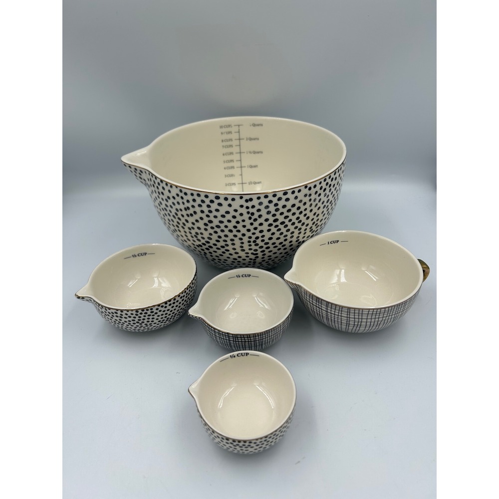 Thyme & Table 5 Piece Ceramic Mixing Measuring Bowl Set Black White Dot Pattern